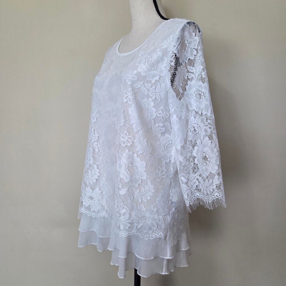 Fair Lay 10 Lace Dressy Layered Pullover 3/4 Sleeve Scoop Neck Blouse Top Ivory - Picture 5 of 16